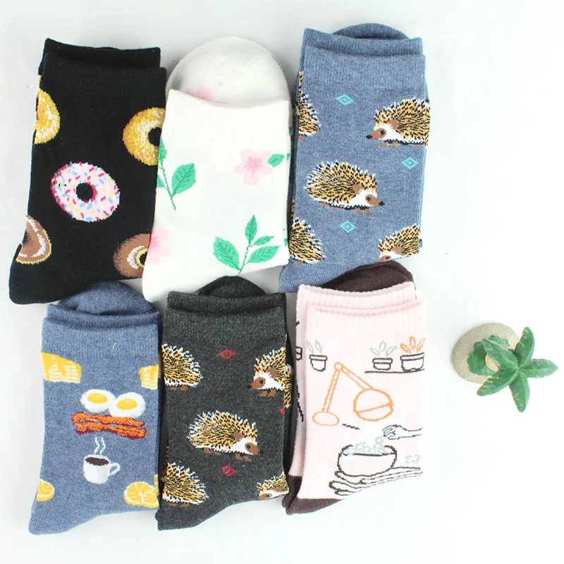 Casual Cotton women Colorful Cartoon animal Food snack Pattern Socks Harajuku Jacquard Street Hip Hop Funny Happy | Женская одежда
