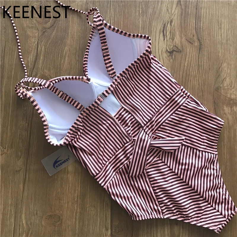 KEENEST 2018 пуш ап Полосатый Цельный купальник женский с лямкой на шее купальный