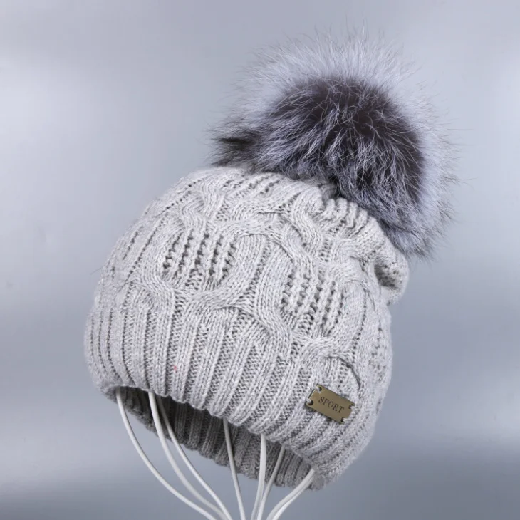 Fox Pom gray hat Новинка, женская зимняя шапка с помпоном, кашемировая пряжа, плетеные шапочки с натуральным лисьим мехом норки, с помпоном, толстая, термальная, для женщин, девушек, skullies gorros - Цвет: Fox Pom gray hat