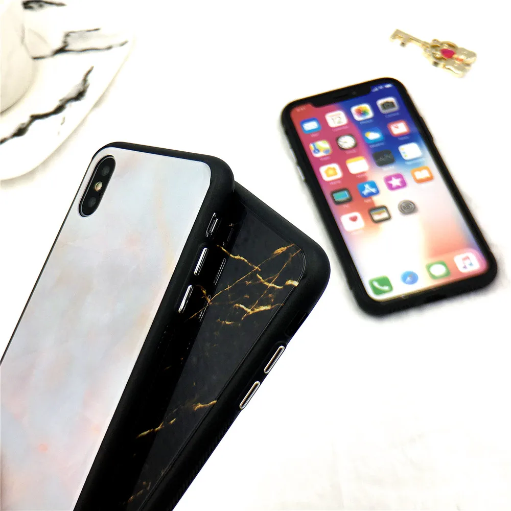 Стеклянный чехол для iphone 7 plus телефона Модный под мрамор черный белый розовый