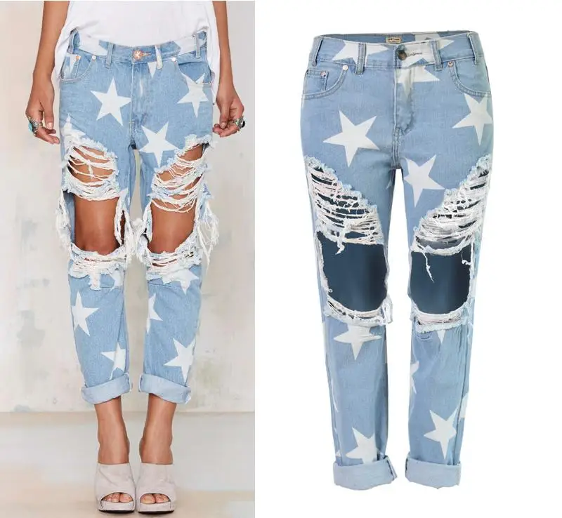 2017 Европейский Для женщин новые отверстия джинсы свободные прямые ноги штаны BF