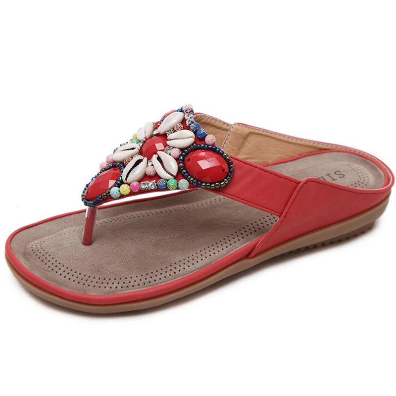 Женские шлепанцы на плоской подошве пляжные с бусинами большие размеры лето
