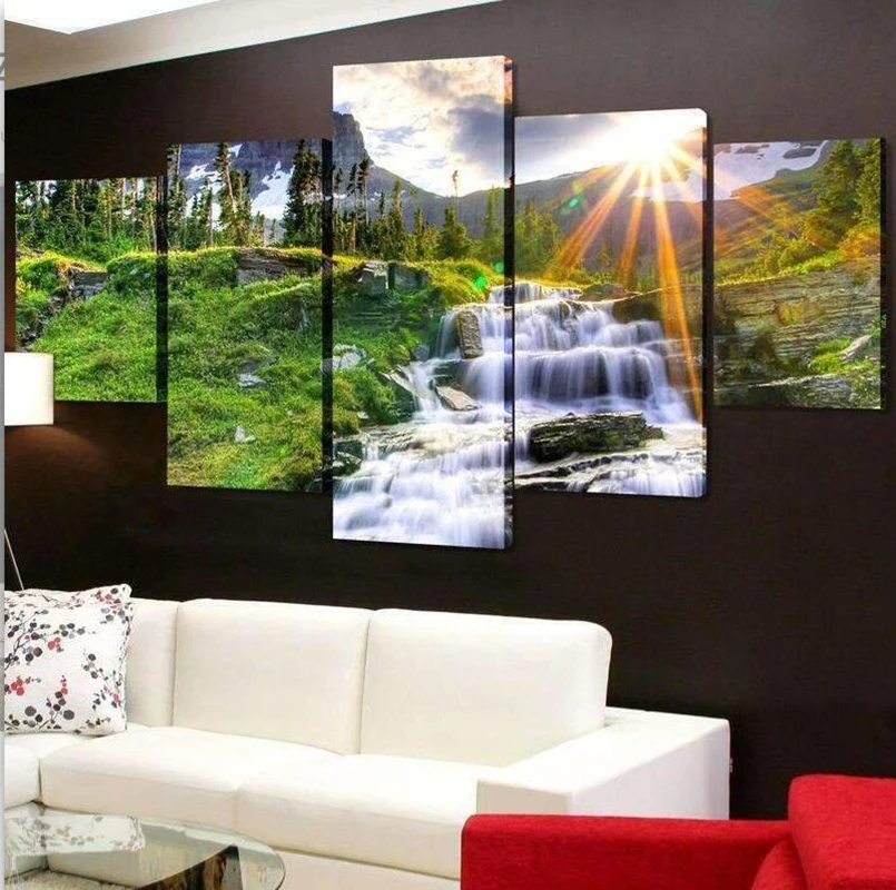 Home Decor Modular Picture 5 Panel SUNSET WATERFALL CANVAS SET Wall Art Print Poster dorp shipping | Дом и сад