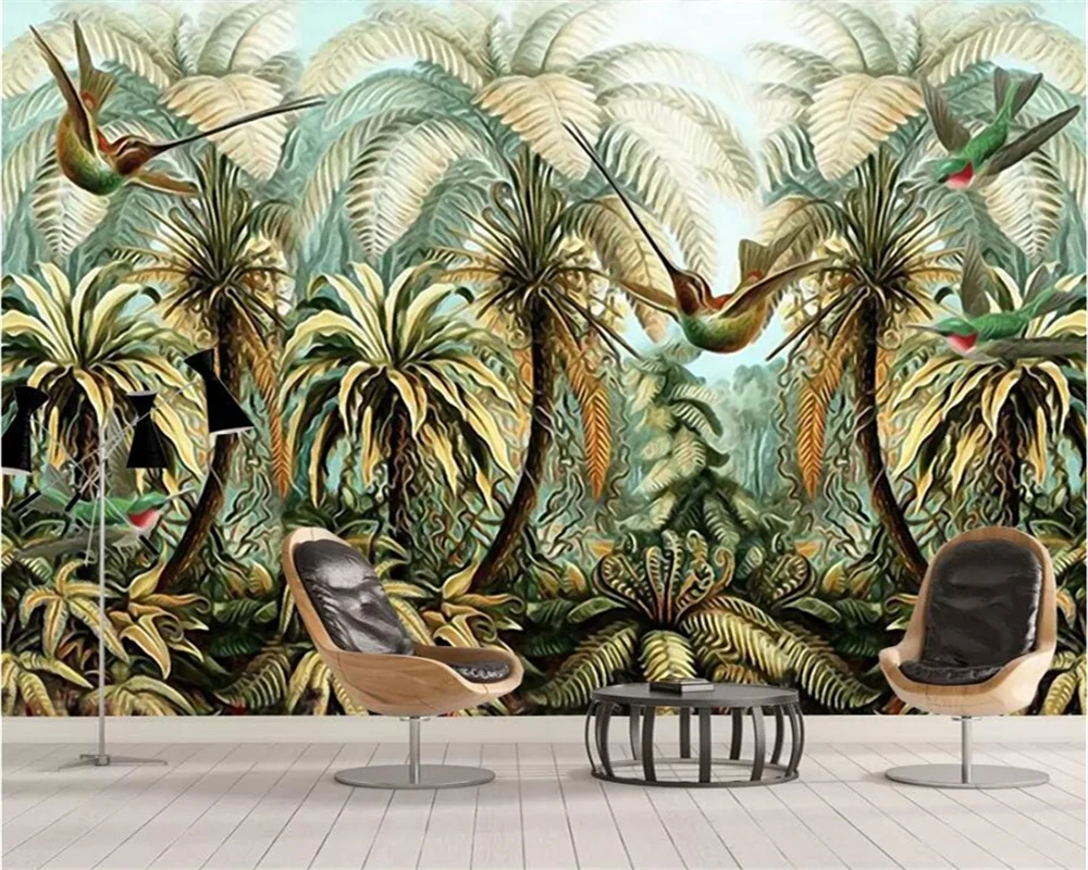 

3D-обои beibehang на заказ, настенные фотообои, современный лес, кокосовое дерево, птица, ручная роспись, настенный фон, картина на стену