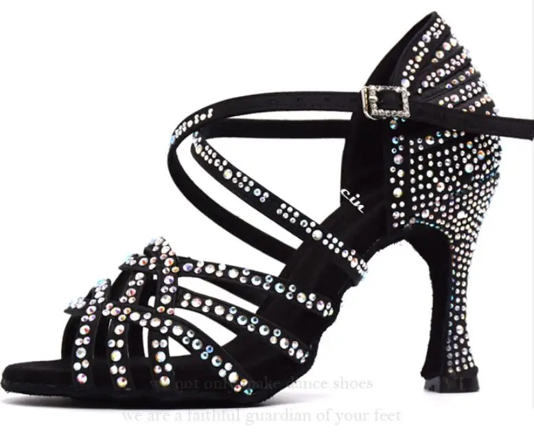 black heel 9cm Женская танцевальная обувь для сальсы; обувь для латинских танцев; обувь для девочек; кожа черного цвета; стразы; обувь для танго; обувь для вечеринок; 9 см - Цвет: black heel 9cm