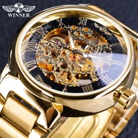 winner watch retro roman gold skeleton mechanical watch for men luminous hands relogio winner stainless steel transparent watch