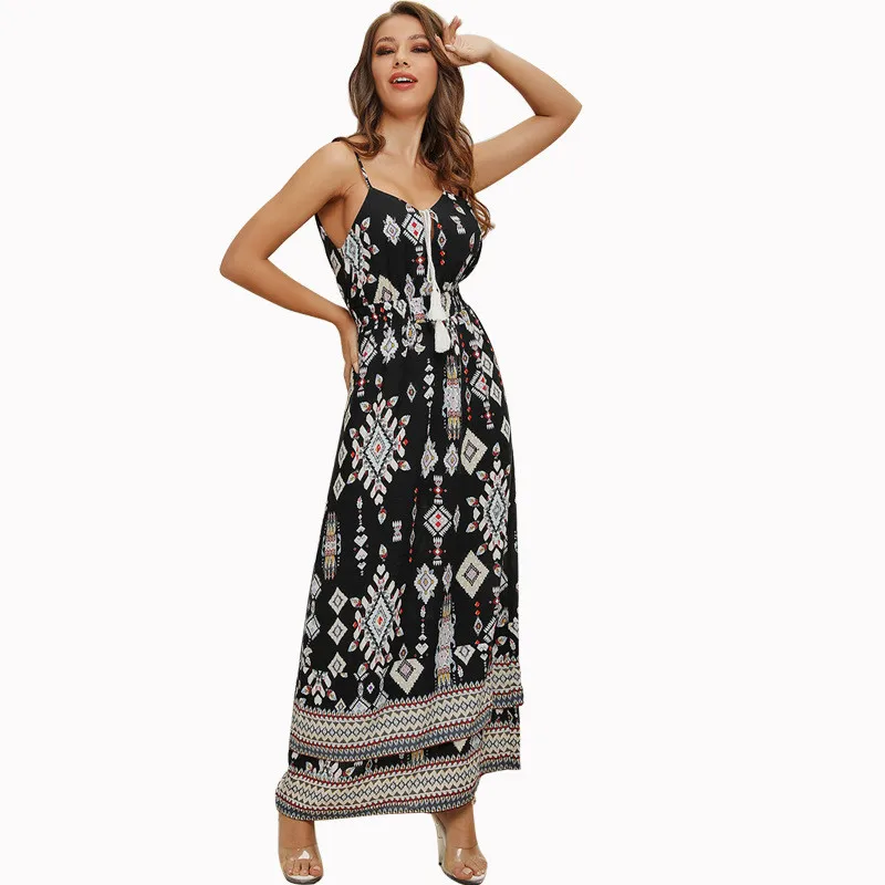 

Summer new hot explosion Bohemian high waist loose dress strap V-neck fashion personality tube top sexy female dress