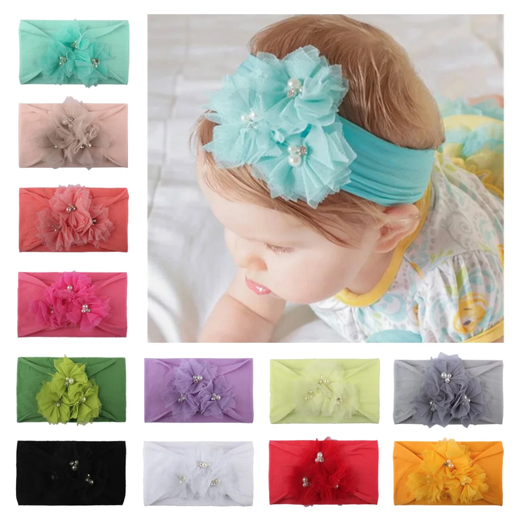 

1pc 2019 New Girls Kid Baby Bow Hairband Headband Pearls Mesh Flower Stretch Turban Head Wrap Cute Hair Accessories Photo Props