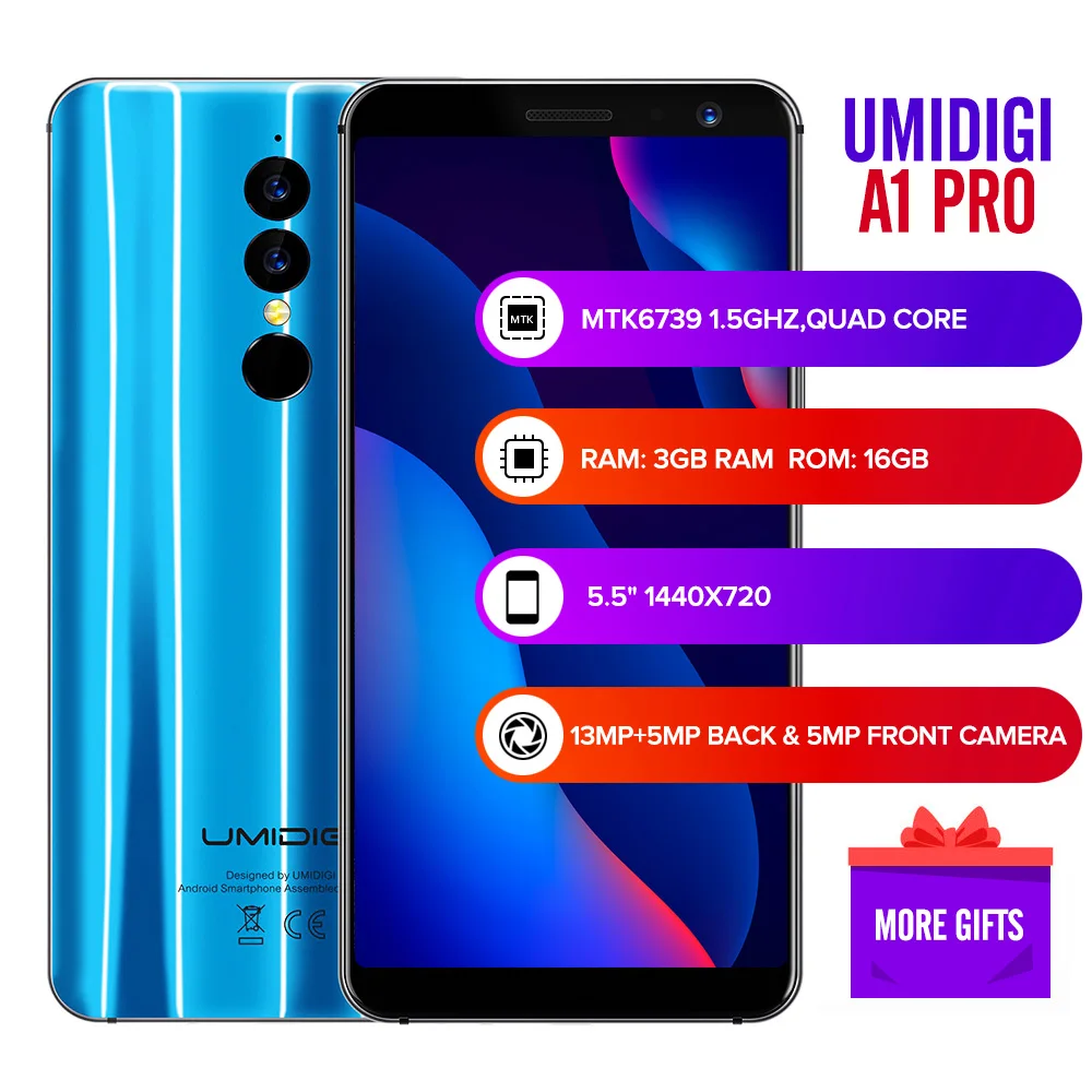 Umidigi A1 Pro фаблет 4G 5 дюймов Android 8 1 MTK6739 4 ядра ГГц 3 ГБ Оперативная память 16
