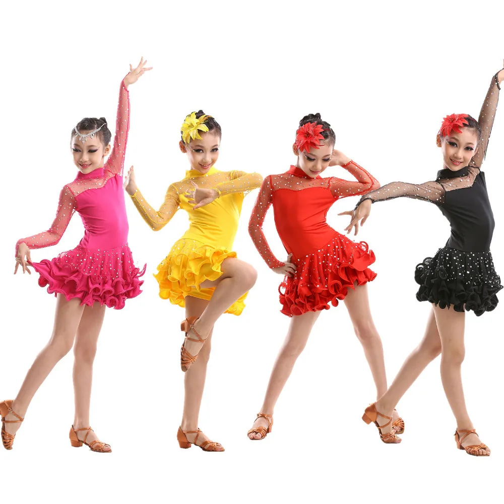 

Newest Sexy Lace Long Sleeve Sequin Girls Kids Ballroom Dresses / Tango Salsa Latin Dance Dress Children