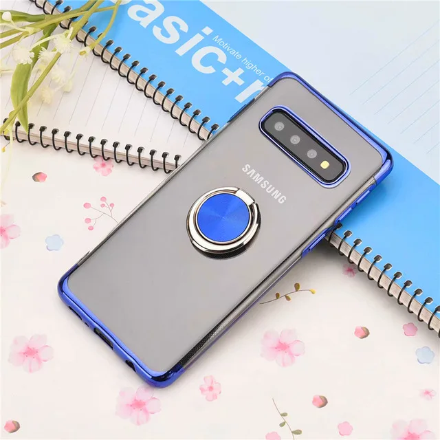 Простой Прозрачный Магнитный кронштейн чехол для телефона samsung Galaxy S8 S9 S10 Plus Note9 Автомобильный держатель Подставка кольцо на палец задняя крышка - Цвет: Blue