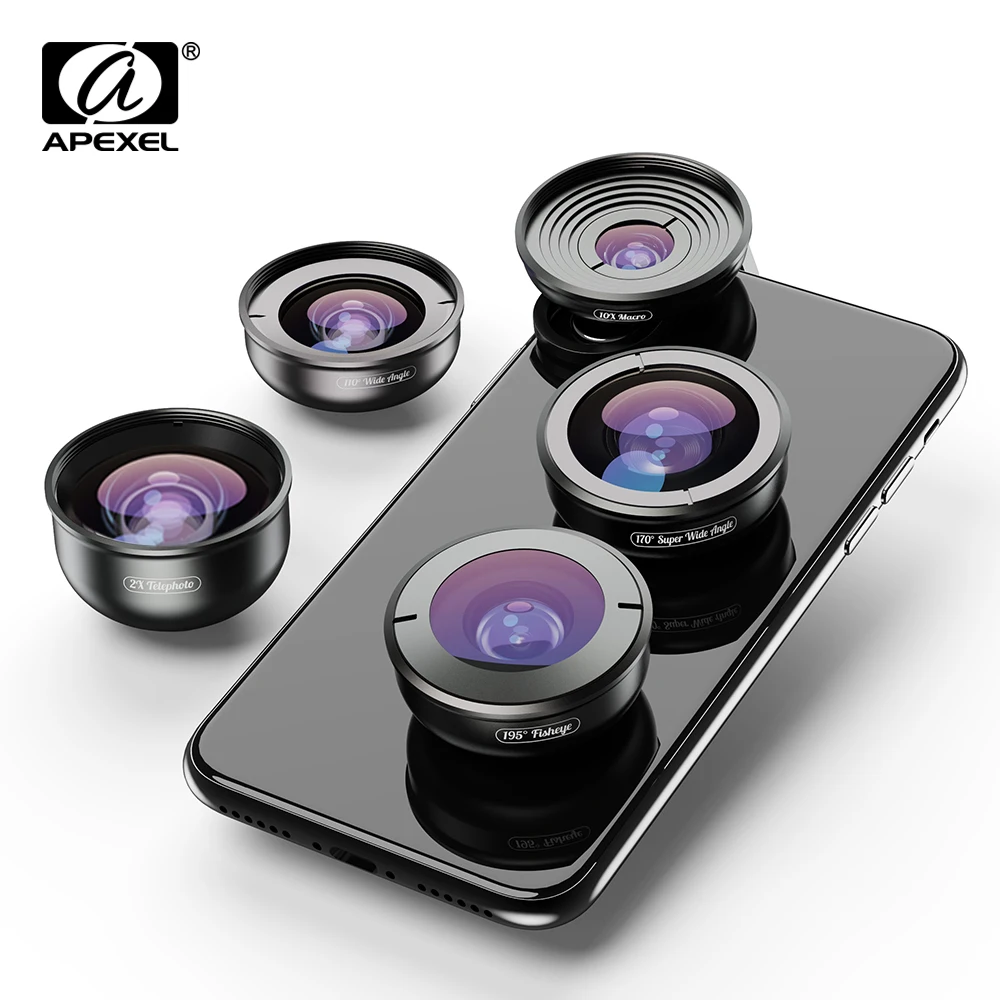 APEXEL 5в1 комплект объективов для мобильного телефона HD 4K Широкий макро Супер Рыбий