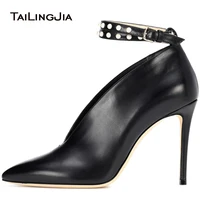 pointed toe high heels party stilettos pumps black pu leather pearls ankle strap elegant hotsale ladies fashion office shoes