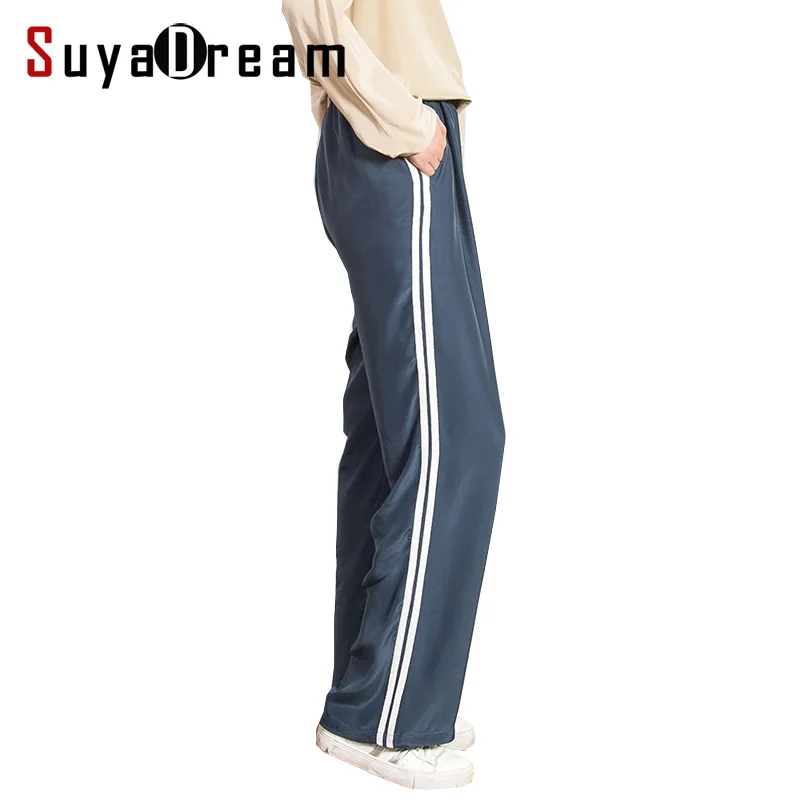 Женские брюки 100% натуральный шелк боковые полосы прямые шифон свободные эластичный пояс мальчик друг 2017