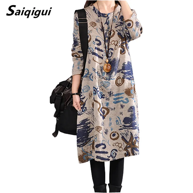 Женское платье с длинным рукавом круглым вырезом и принтом|vestido de festa|linen dresscotton linen