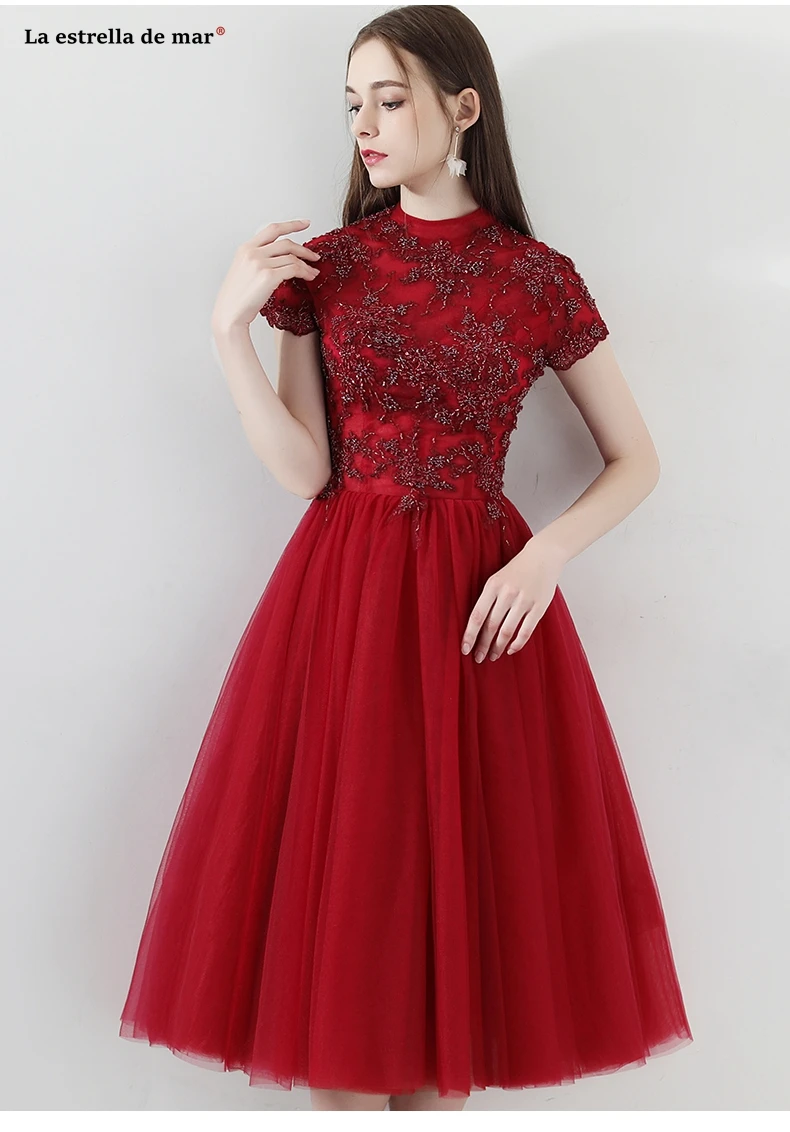 Халат demoiselle d'honneur pour femme2019 тюль с высоким воротником, со стразами короткий рукав сзади линия бордовые платья для подружки невесты чай