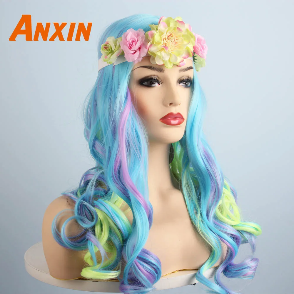 Anxin милые длинные волнистые красочные с цветком Bwoknot аксессуары вечерние аниме термостойкие синтетические парики для женщин девочек