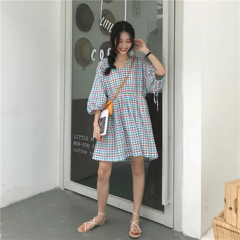 2 цвета летнее Мини платье 2019 корейский стиль красочные клетчатые платья с