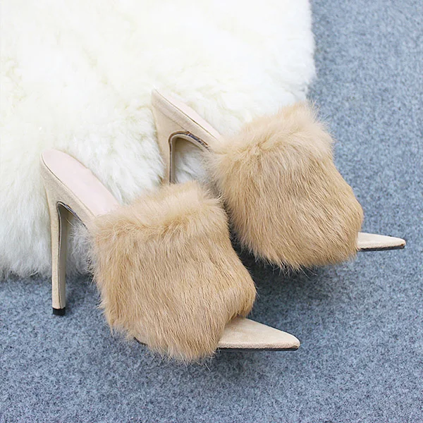 Apricot Slippers Женские тапочки мюли; летние туфли на высоком каблуке; пикантные женские шлепанцы на меху с открытым носком; обувь для вечеринок; женские сандалии; большие размеры - Цвет: Apricot Slippers