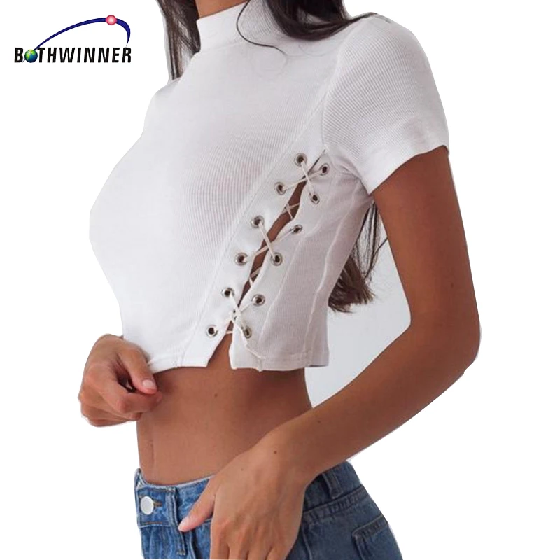 Женский короткий топ на шнуровке Bothwinner черный сексуальный с коротким рукавом