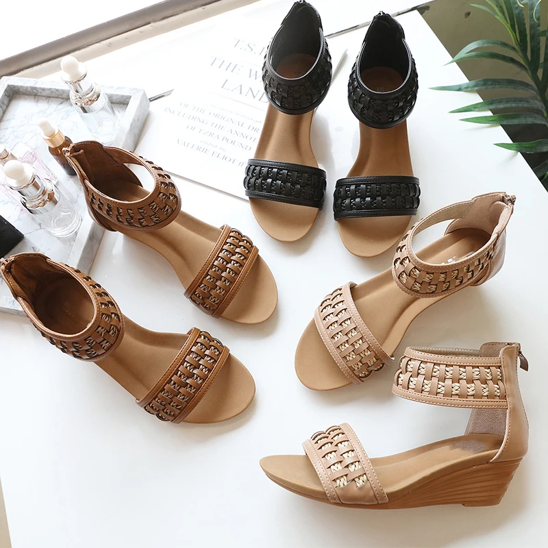 JK/Женские повседневные сандалии с открытым носком на молнии плетеным ремешком