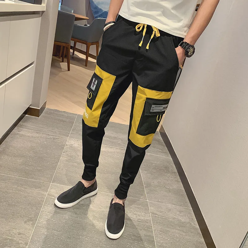 Yellow Летние полиэфирные брюки-карго для бега, повседневные брюки с карманами, облегающие спортивные брюки для мужчин, модные мужские брюки размера плюс - Цвет: Yellow