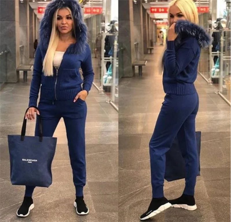 На молнии во всю длину для женщин трикотажный комплект из Свитера и штанов двух