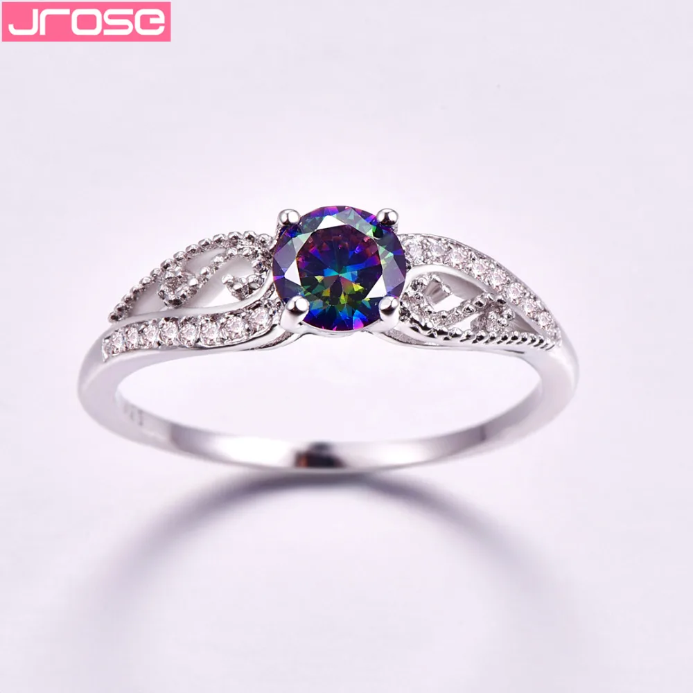 JROSE Wedding Pretty Round Cut Blue Rainbow White Cubic Zirconia Fashion Silver Jewelry Ring Size 6 7 8 9 Men's Gifts | Украшения и