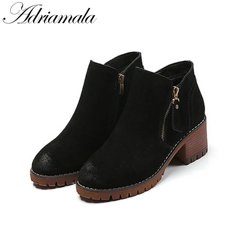 Зимние женские ботильоны 2017 Разделение кожа круглый носок квадратный каблук