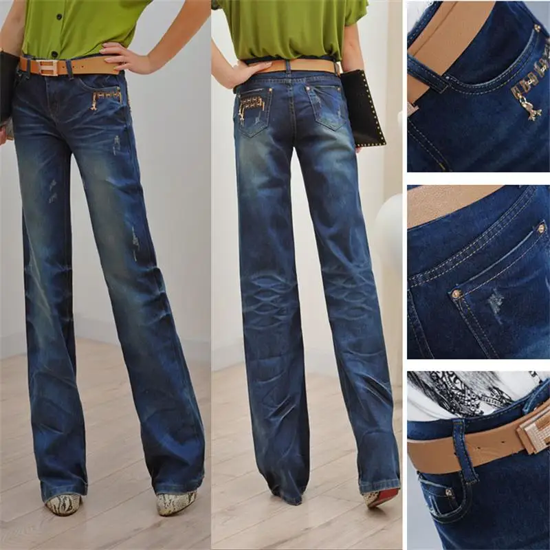 Женские прямые рваные джинсы широкие брюки со средней посадкой|pants jean|pant leg or pants