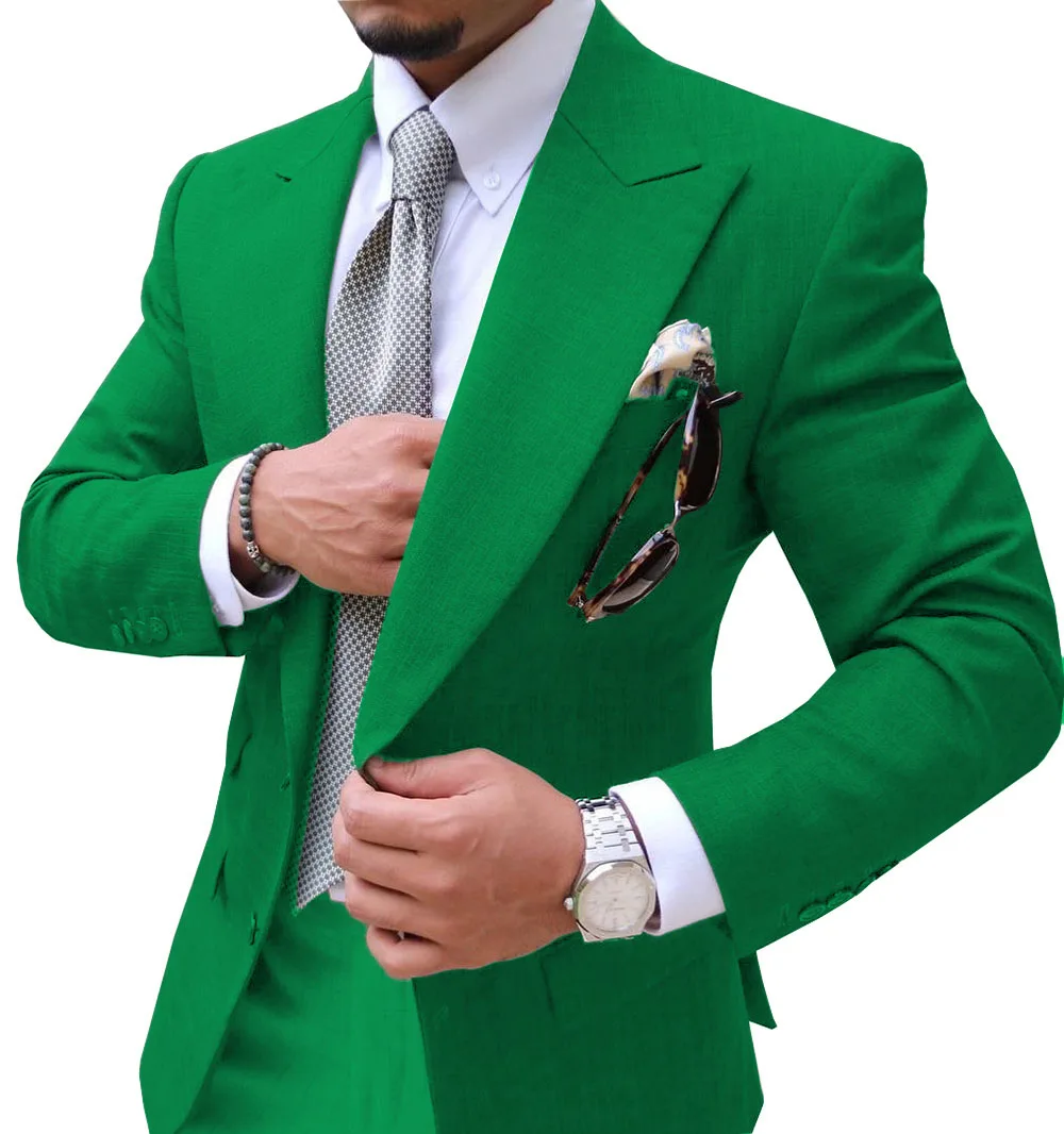 Green Мужские костюмы Slim Fit из двух частей шампанского деловой пиджак жениха смокинг Блейзер зеленые костюмы для свадьбы выпускного вечера(Блейзер+ брюки - Цвет: Green