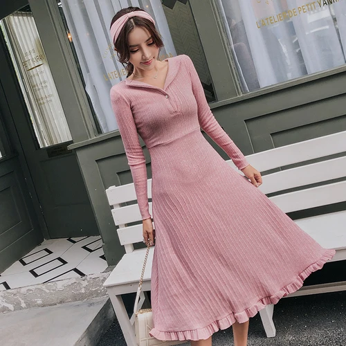 Женское трикотажное платье с v образным вырезом и длинным рукавом повседневное