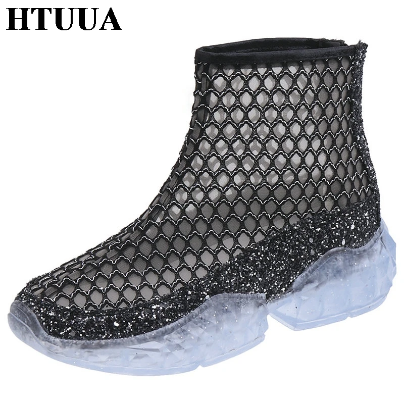 HTUUA/2019 женские босоножки из дышащей сетки Летняя обувь на платформе и танкетке
