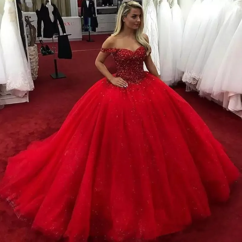 

Luxury Red Wedding Dresses Top Beaded Tulle Shining Princess Wedding Dress Custom Made Puffy Formal Party Dress Robe De Mariee