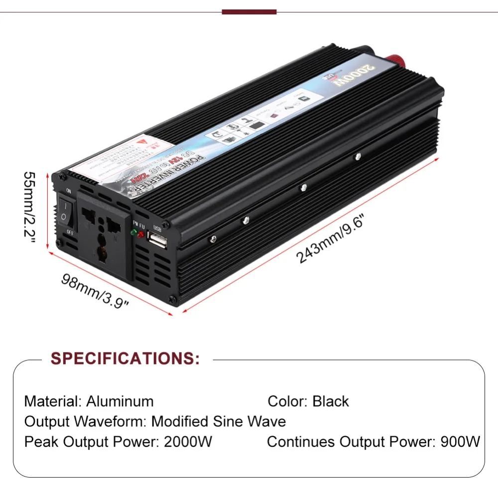 Зарубежные 2000W DC 12V дo AC 220V Автомобильный инвертирующий усилитель мощности