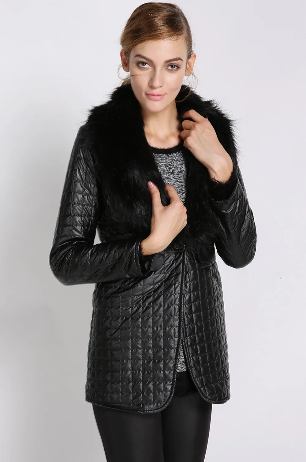 Женская куртка с меховым воротником пальто из синтетической кожи длинным