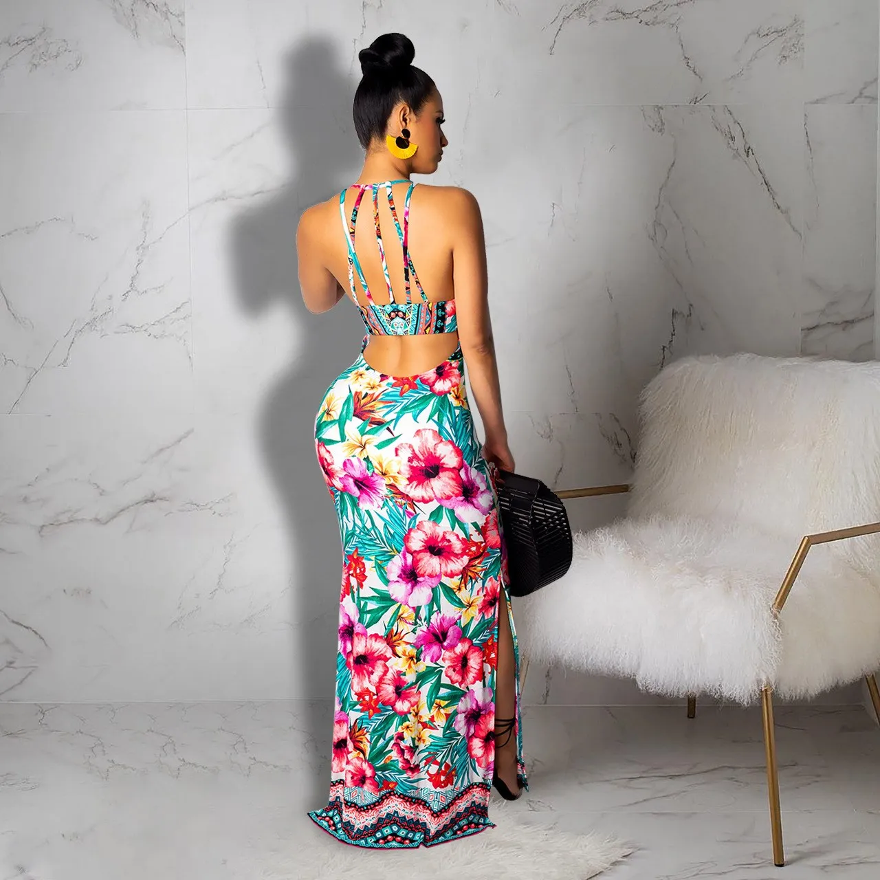 Женское богемное платье на бретельках с открытой спиной Летнее Длинное высокой