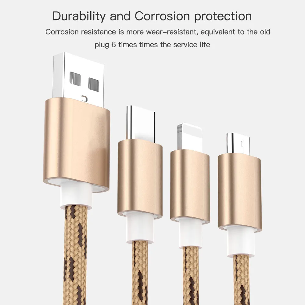 3 в 1 8Pin type C Micro USB кабель для iPhone 8X7 6 6S Plus iOS 10 9 8 samsung Nokia USB кабели для быстрой зарядки нейлоновый шнур