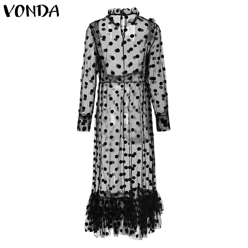 Женское кружевное платье VONDA, богемное, сексуальное, полое, длина до пола, платье, праздничное, винтажное, в горошек, с принтом, Vestido, вечерние, женское платье размера плюс
