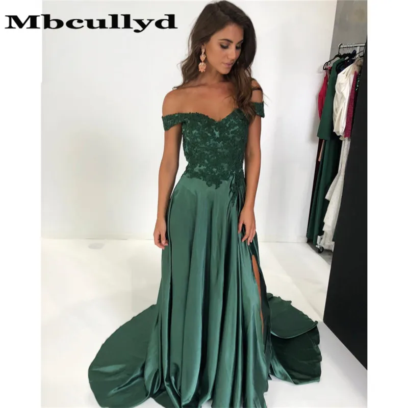

Mbcullyd Elastic Satin Prom Dresses Long A-Line Evening Party Dress with Side Split Applique Lace Off Shoulder Robe De Soire