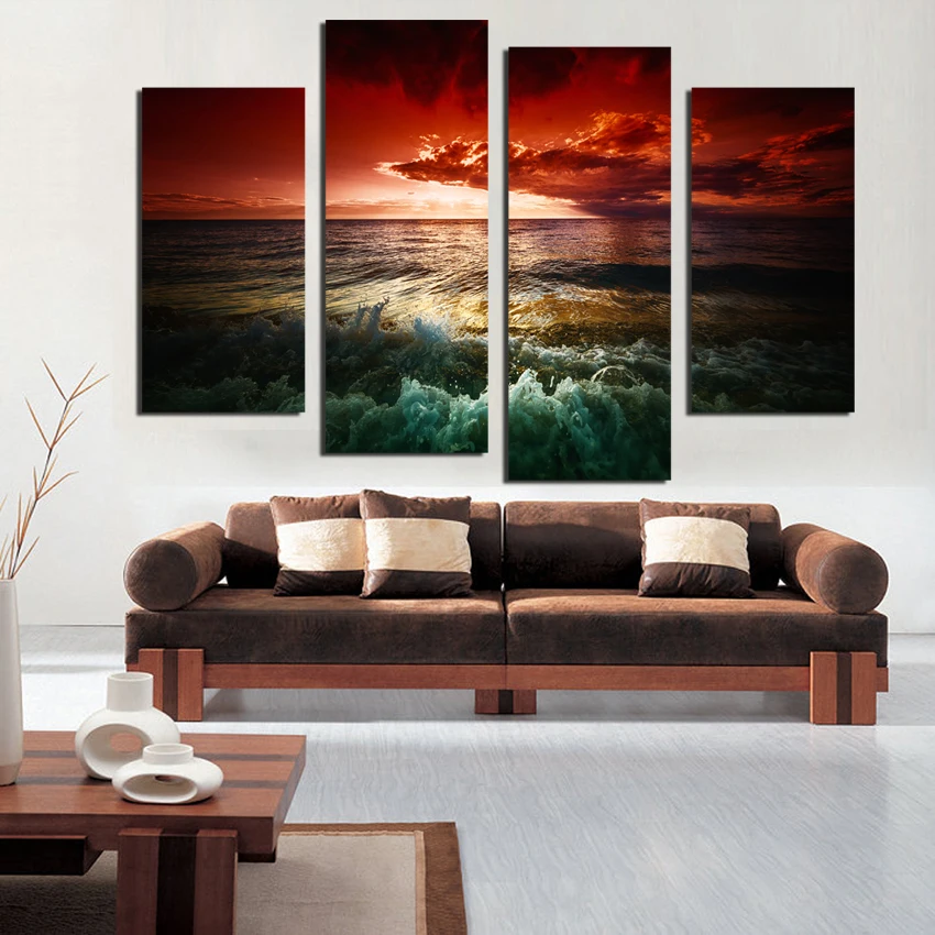 

Free shipping 4Pcs Sunset Seaview Home Decor Wall Art Canvas Paintings for Living Room Wall Modern Oil Painting Unframed F18864
