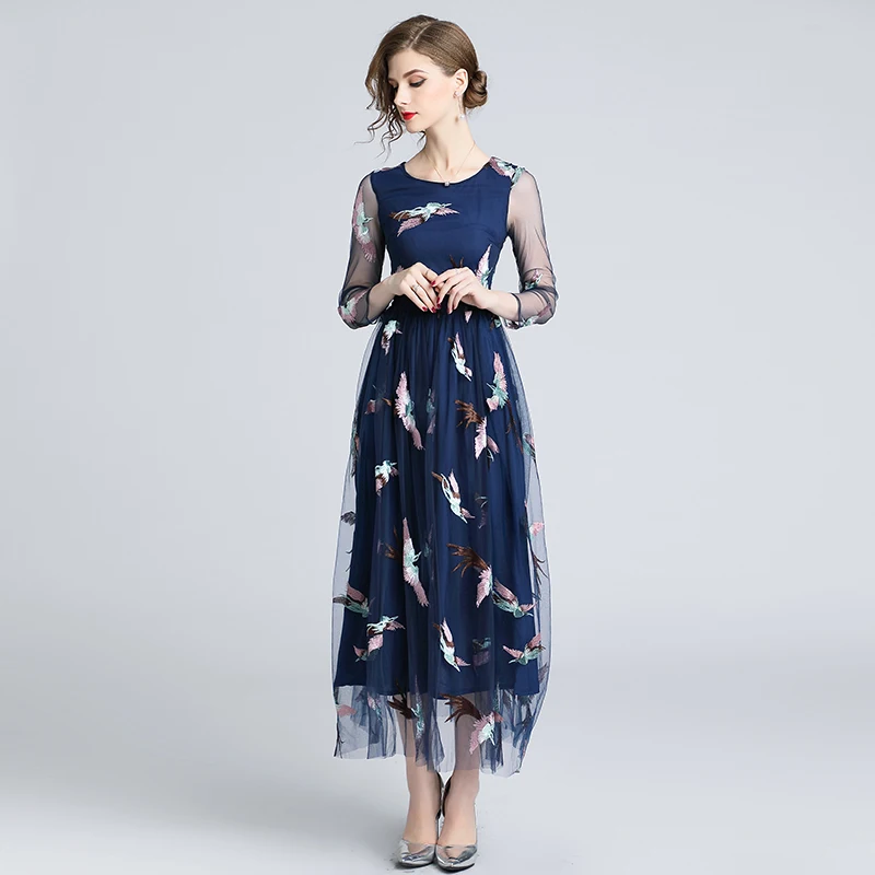 Осеннее Сетчатое платье с вышивкой Феникса, Ropa De Mujer, женские вечерние платья средней длины, Vetement Femme Robe Longue K6207