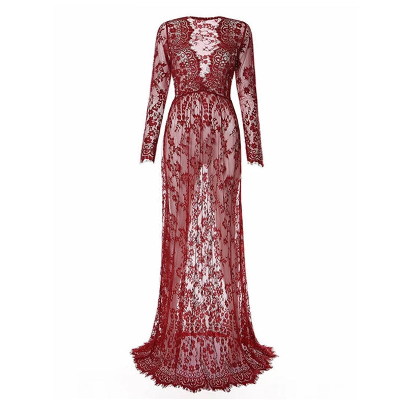 Женское кружевное платье с высокой талией длинным рукавом и глубоким V образным