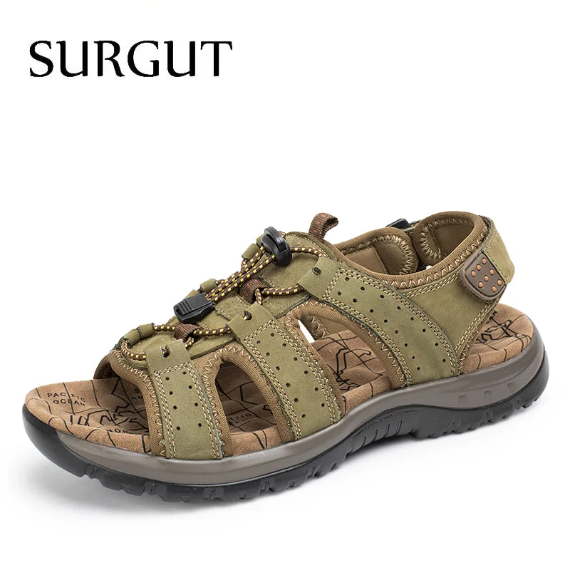 Green Khaki Мужские сандалии из настоящей кожи SURGUT, темно-коричневые дышащие босоножки, тапки с нескользящей подошвой, пляжная обувь большого размера для лета - Цвет: Green Khaki