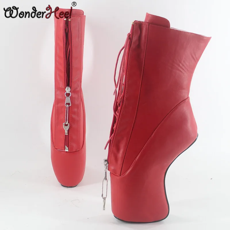 Wonderheel/Экстремально высокий каблук 7, туфли на танкетке, на молнии YKK заблокирован, на молнии, красный, матовый Соблазнительные Туфли-Фетиш на шнуровке каблук ботильоны балетные сапоги