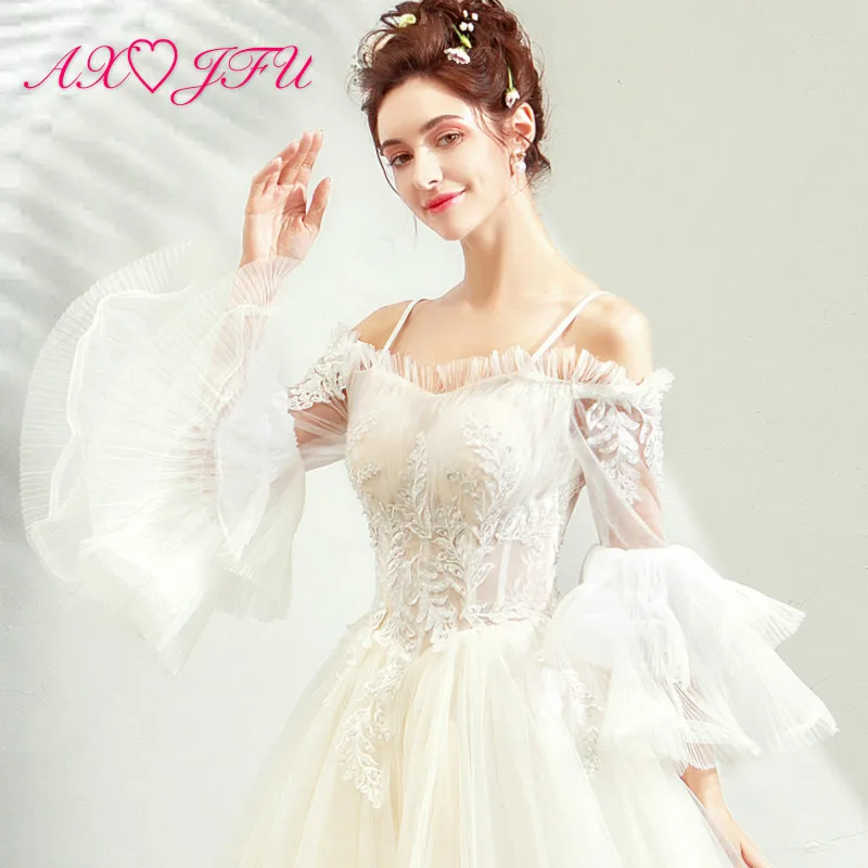 

AXJFU luxury Long flare sleeved Princess beading white lace wedding dress Bride's ruffles spaghetti strap Wedding Dress 9098