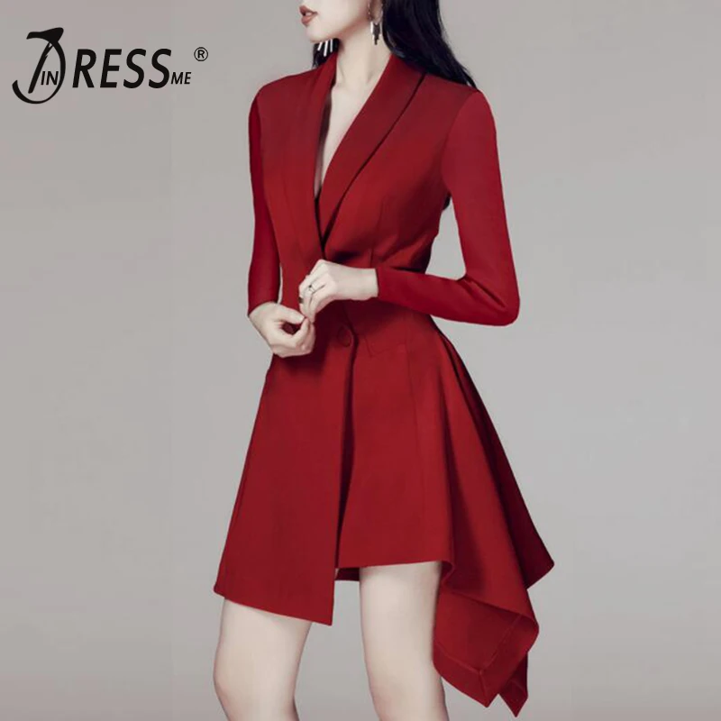 INDRESSME, Новое поступление, длинный рукав, миди, сексуальный, ассиметричный, v-образный вырез, элегантный женский костюм, платье Vestidos