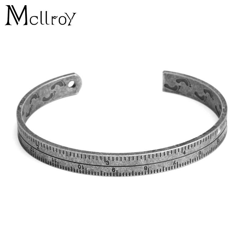Mcllroy Черный Отпечаток Мужской винтажный серебряный циферблат дизайн Ретро Браслет-манжета Титановая Сталь Линейка мужской браслет Erkek bileklik