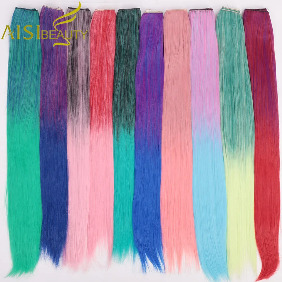 AISI BEAUTY Clip one piece Синтетические длинные прямые волосы для наращивания Ombre розовый фиолетовый 2" Накладные разноцветные женские волосы