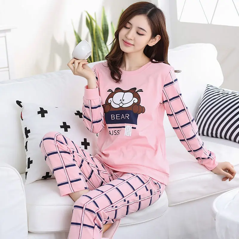 gezijiafeimao pink Горячая Распродажа, Женский пижамный комплект, весна-осень, новинка, мультяшный принт, длинный рукав, милый Пижамный костюм, Повседневная Домашняя одежда, женские пижамы - Цвет: gezijiafeimao pink